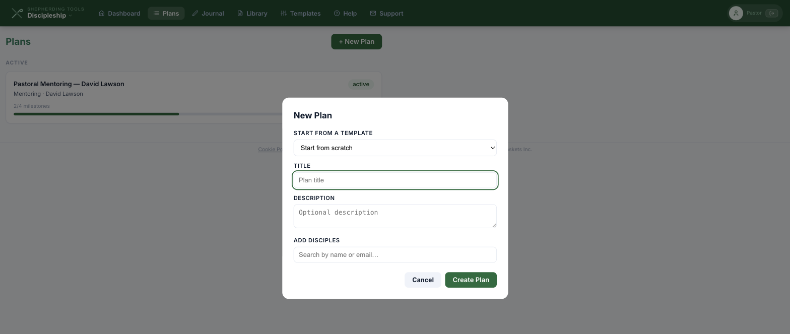 The New Plan form, with a template picker, title, description and a disciple search