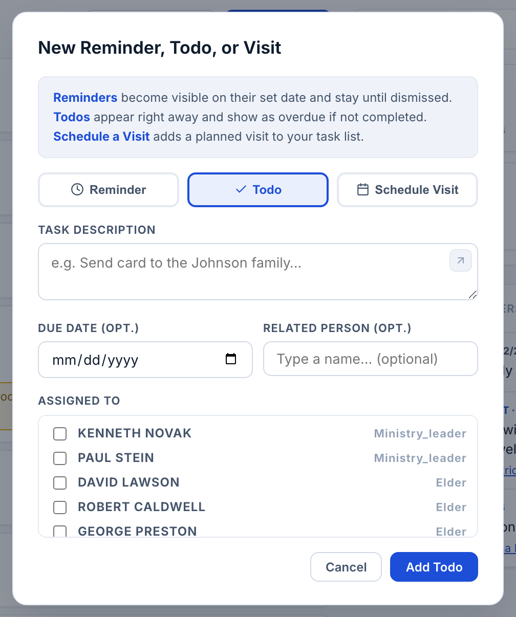 The New Reminder, Todo, or Visit window, Todo tab selected and filled