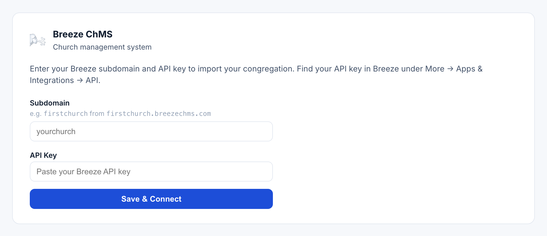 The Breeze card in ChMS Integration, disconnected state
