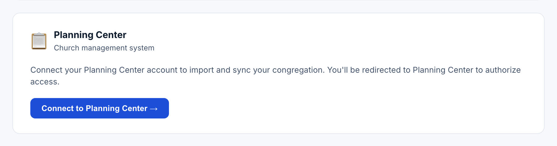 The Planning Center card in ChMS Integration, disconnected state