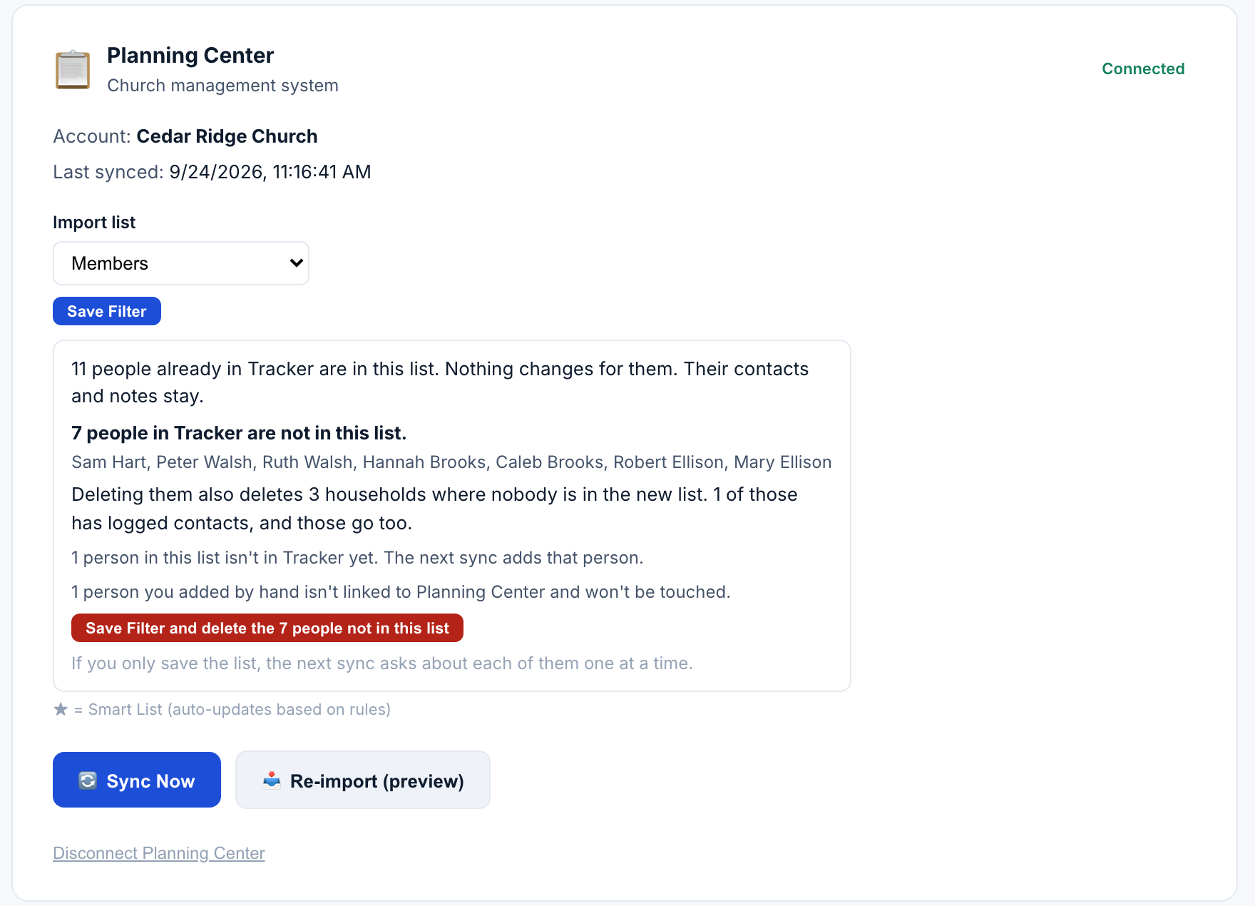 The Planning Center card after picking a new Import list, listing who stays, who is not in the list, and a button to delete them