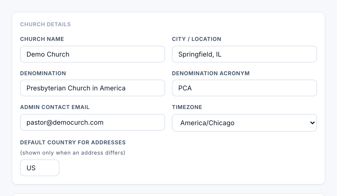 The Church Details card in Admin > Church Info