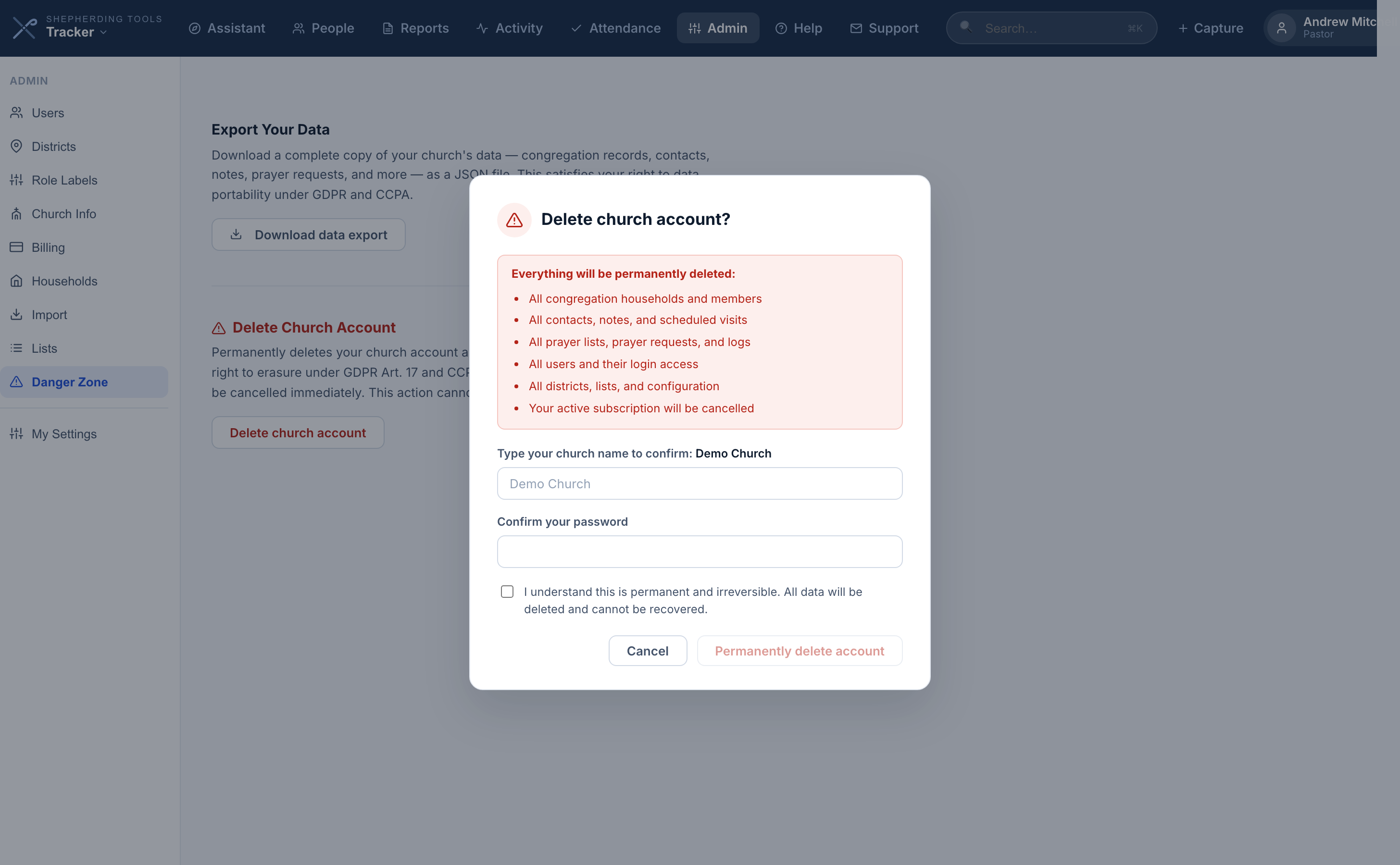 The delete confirmation modal, fields empty