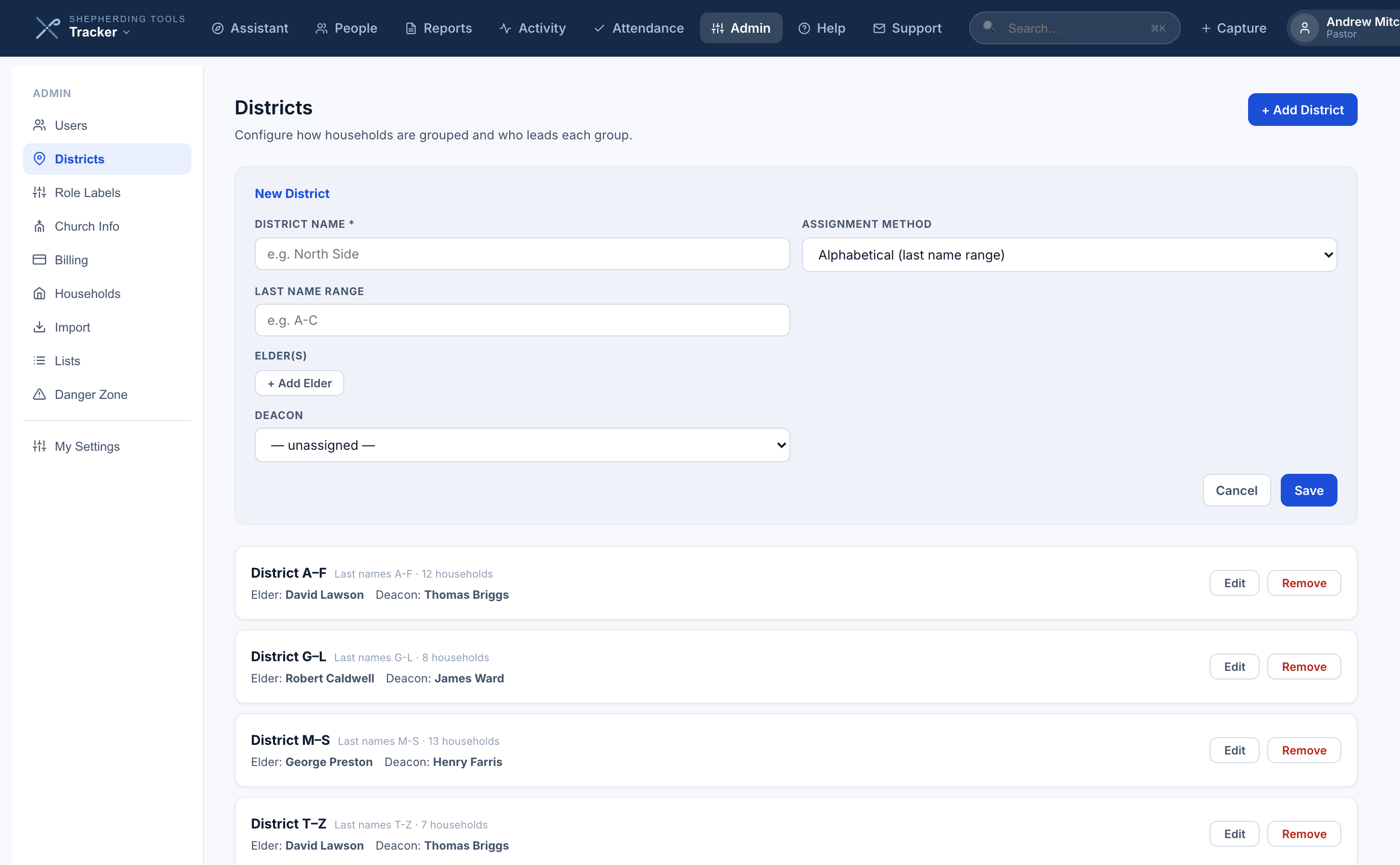 The Districts editor, with a district's edit form open