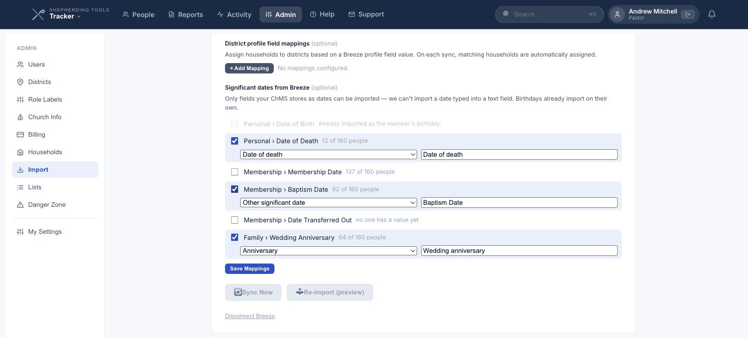 The significant dates picker in the ChMS Integration tab
