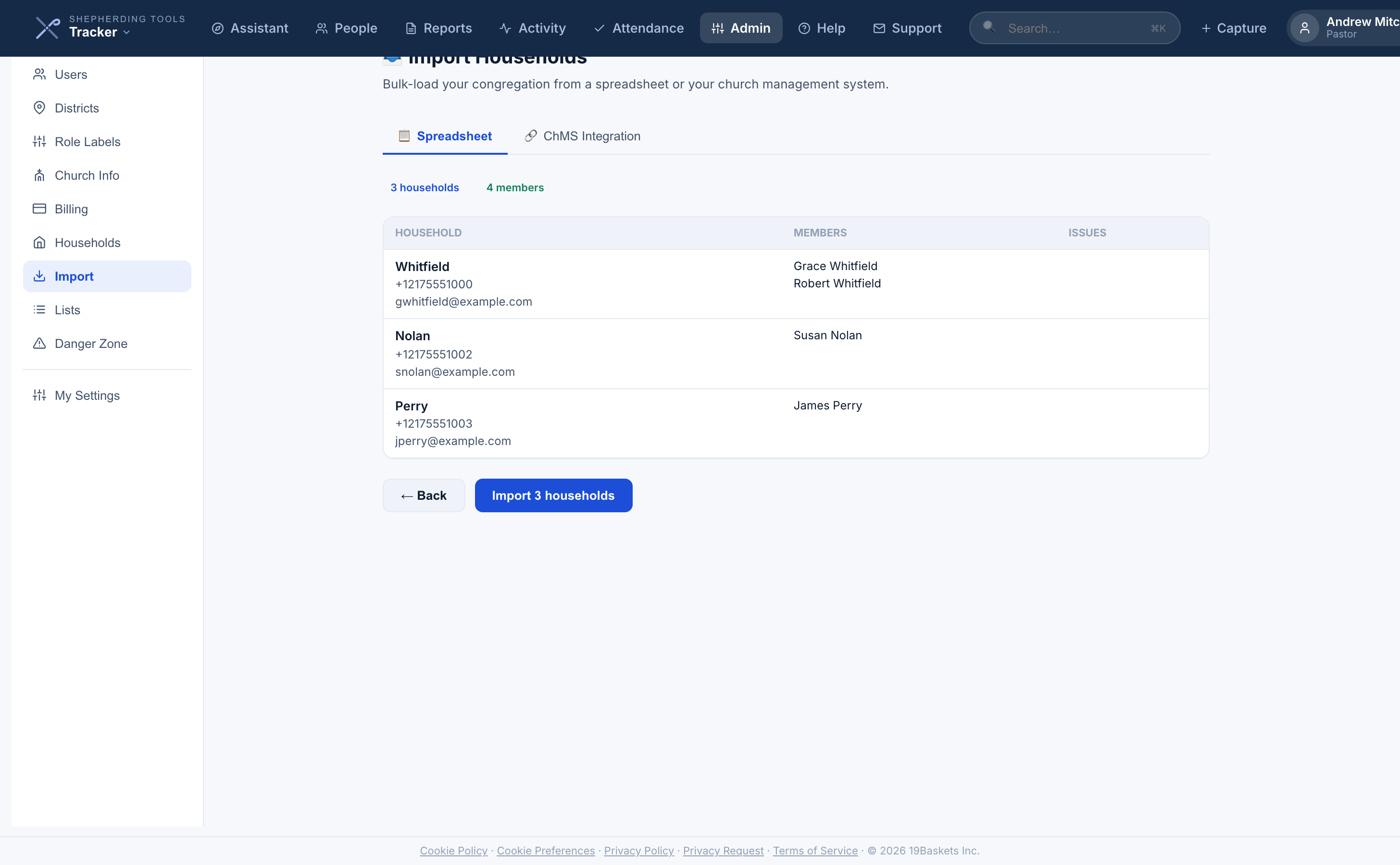 The Preview Import step, showing rows grouped into households before committing