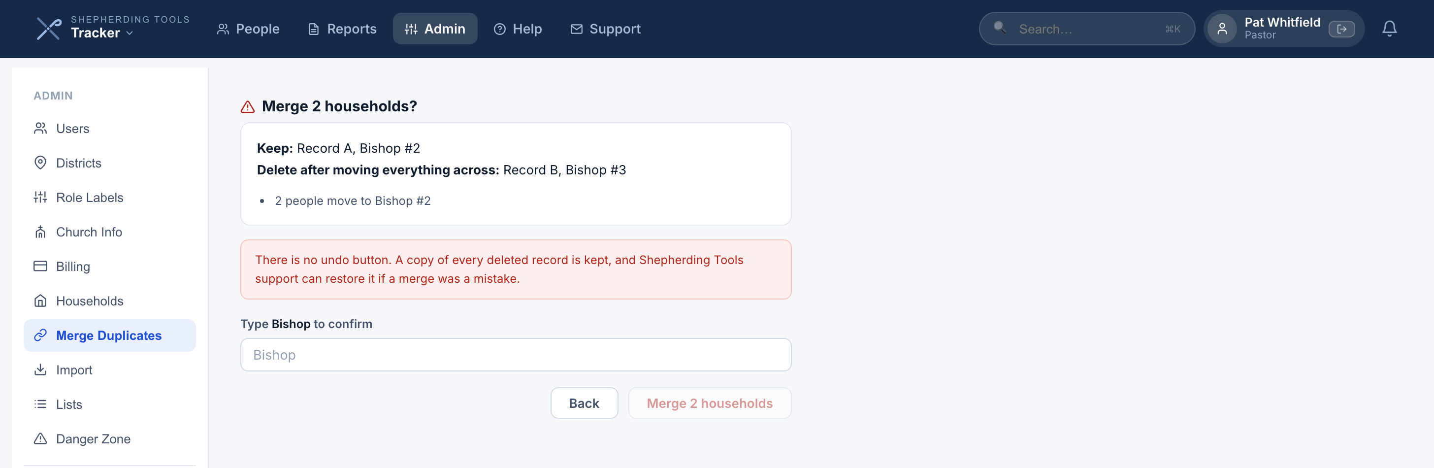 Merge confirmation screen: keep and delete summary, a warning that there is no undo, and a type-to-confirm field