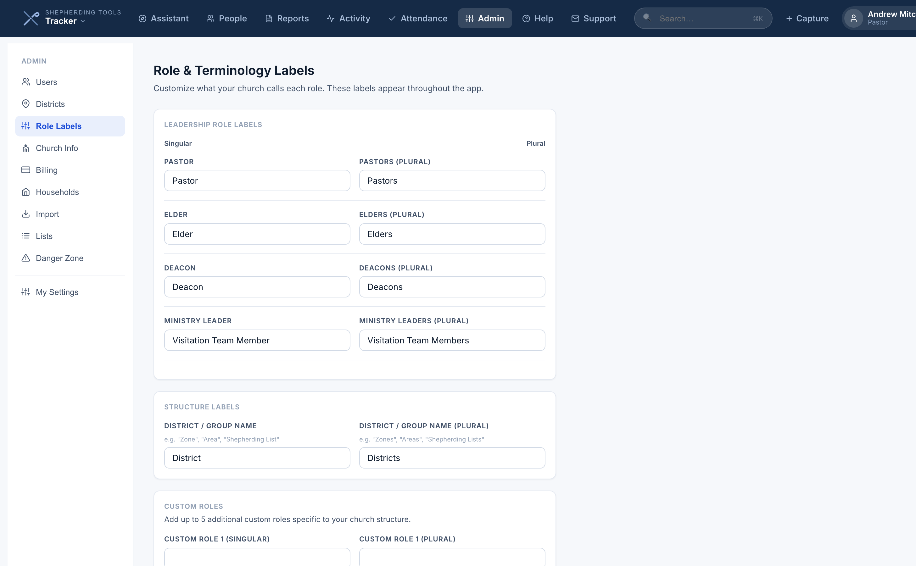 The Role Labels page, showing Leadership, Structure and Custom Role fields