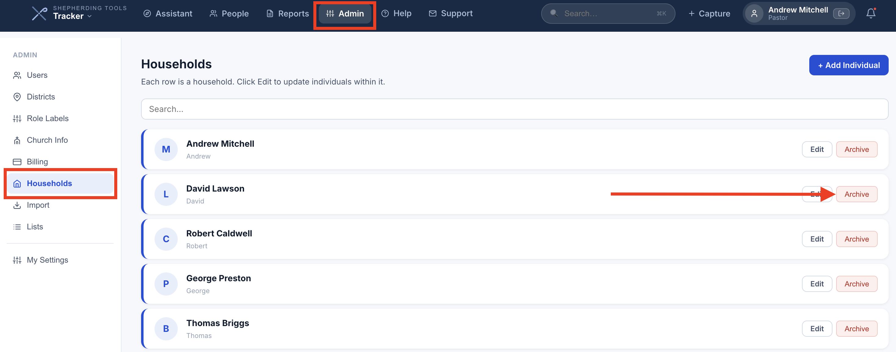The Households list in Admin, with the Archive button at the right of each row