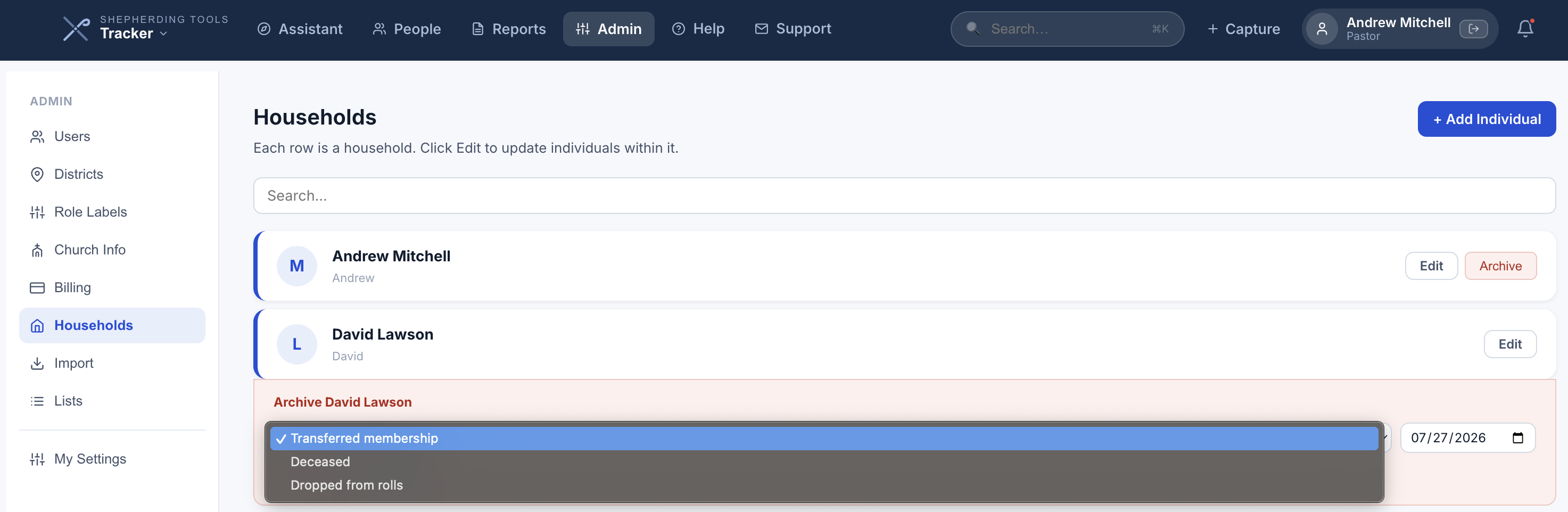 The archive confirmation panel showing the reason dropdown and the date box