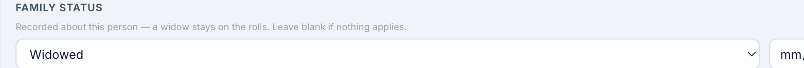 Household edit form, one member's Family Status dropdown open