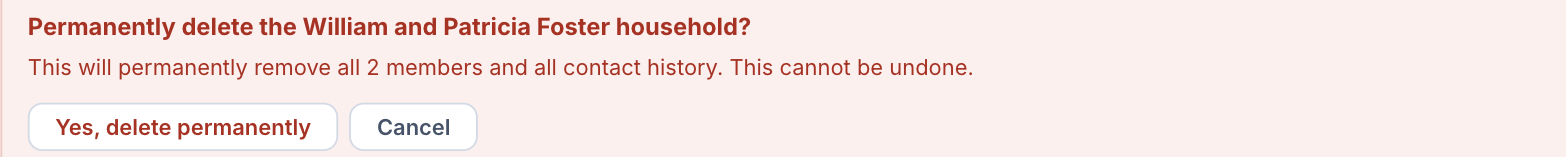 The delete confirmation panel: Permanently delete the household? with Yes, delete permanently and Cancel buttons