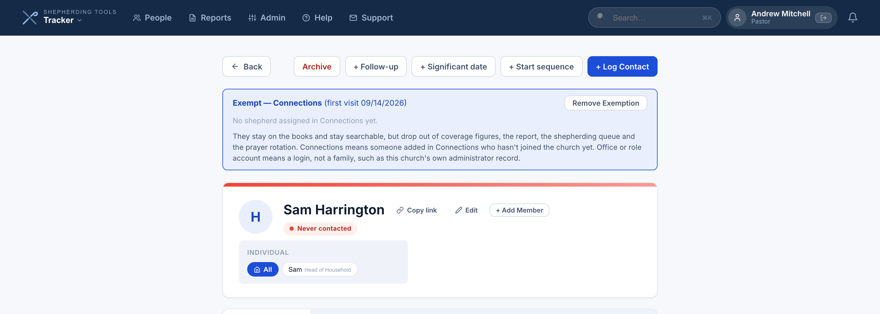 An exempt visitor's household profile, with the Exempt — Connections banner above the household card
