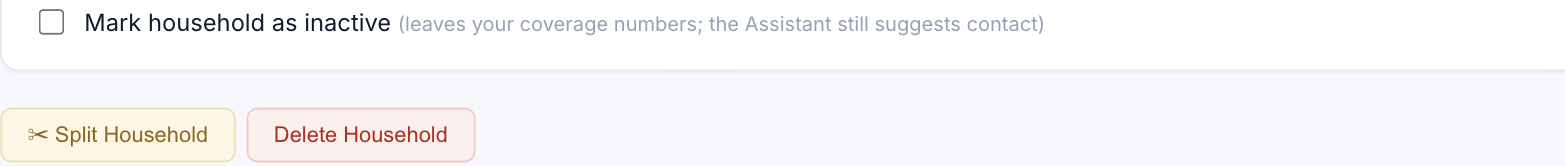 The household edit form, Mark household as inactive checkbox and Delete Household button