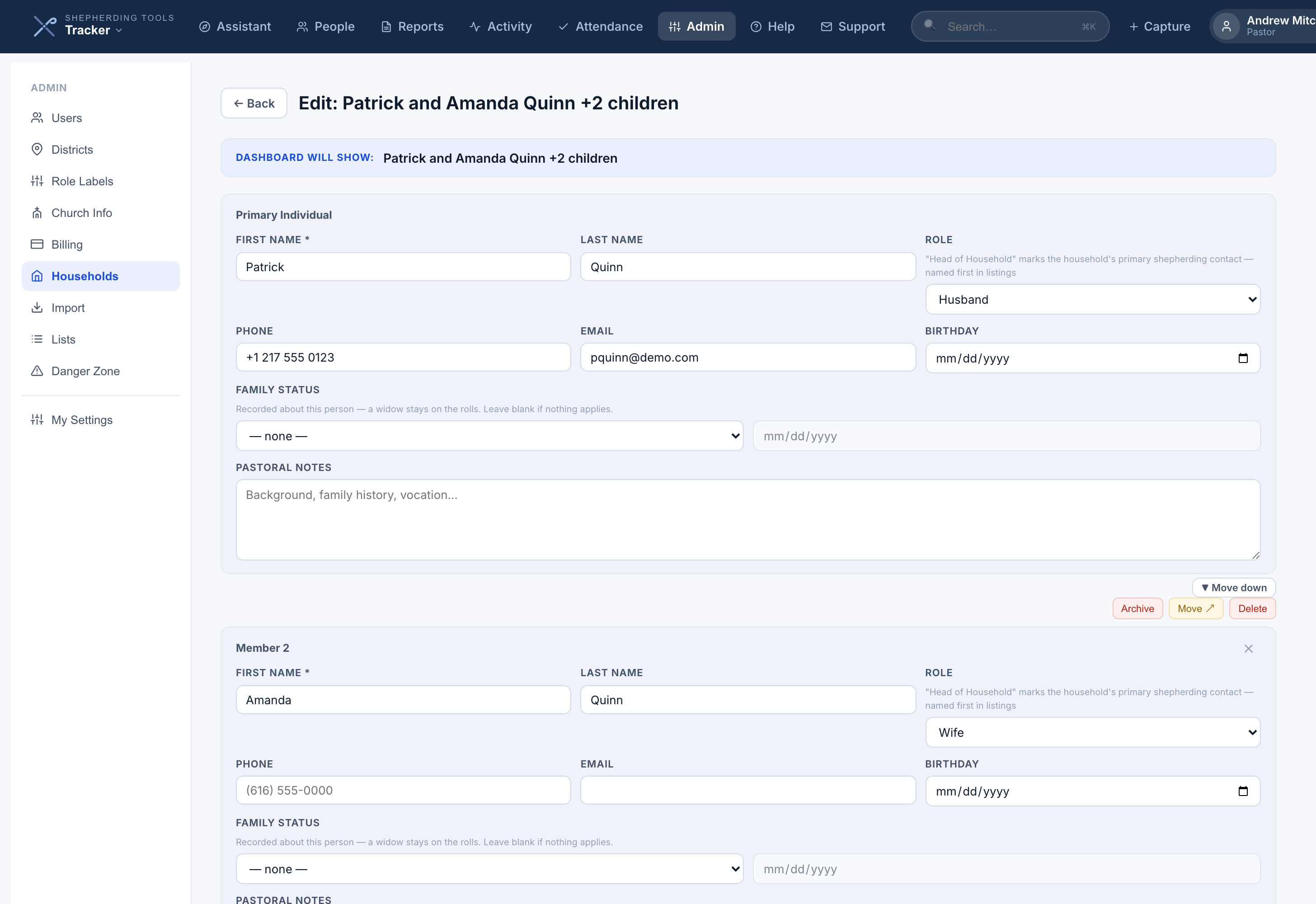 A member row in Admin > Households > Edit, with Archive, Move and Delete buttons