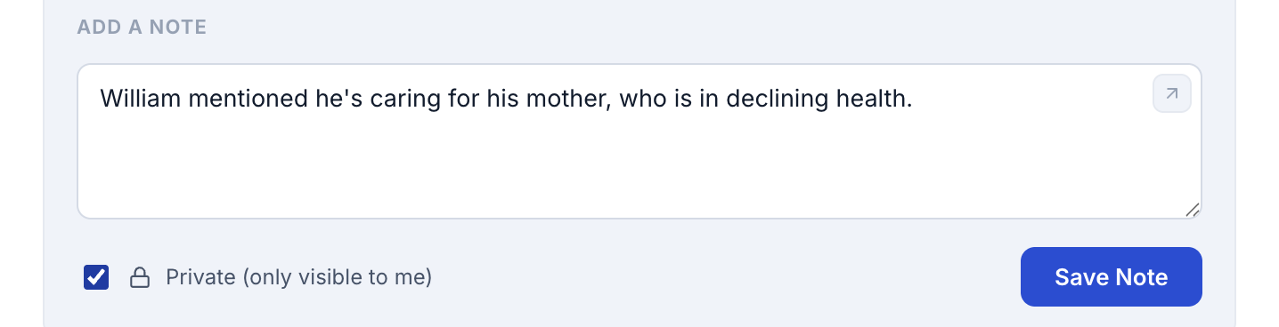 The Add a Note box open with sample text typed and the Private checkbox visible