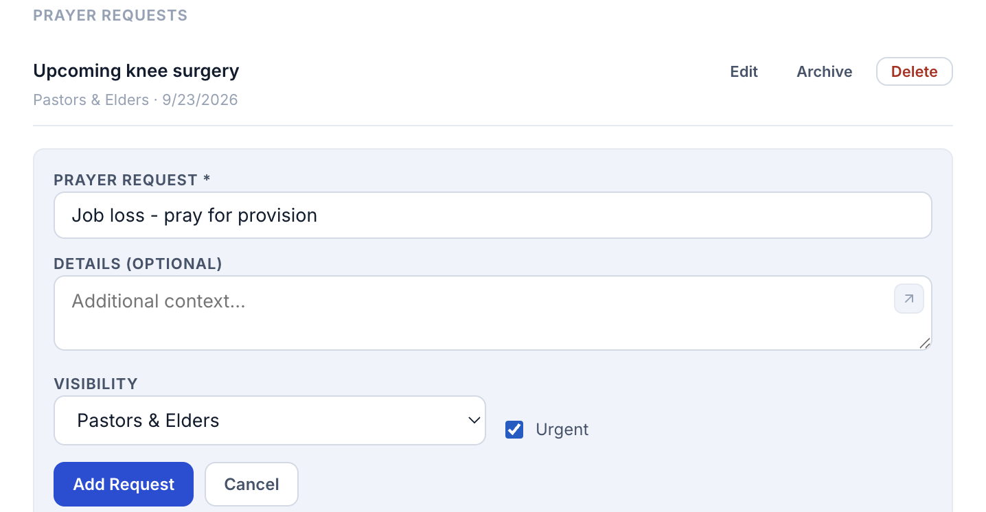 Adding a prayer request from a household's own Prayer tab, title and visibility filled in, Urgent ticked