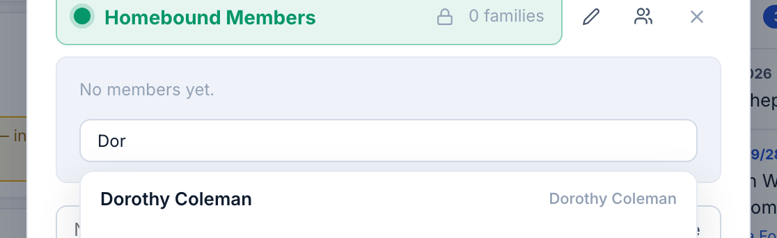 Manage Lists, one list expanded, the add-by-name box with a suggestion dropdown open