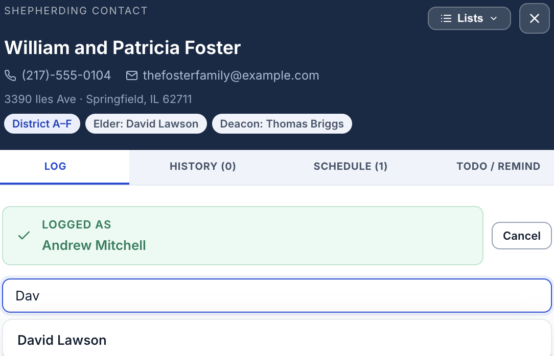 The contact form, Log for Another expanded with a name search open
