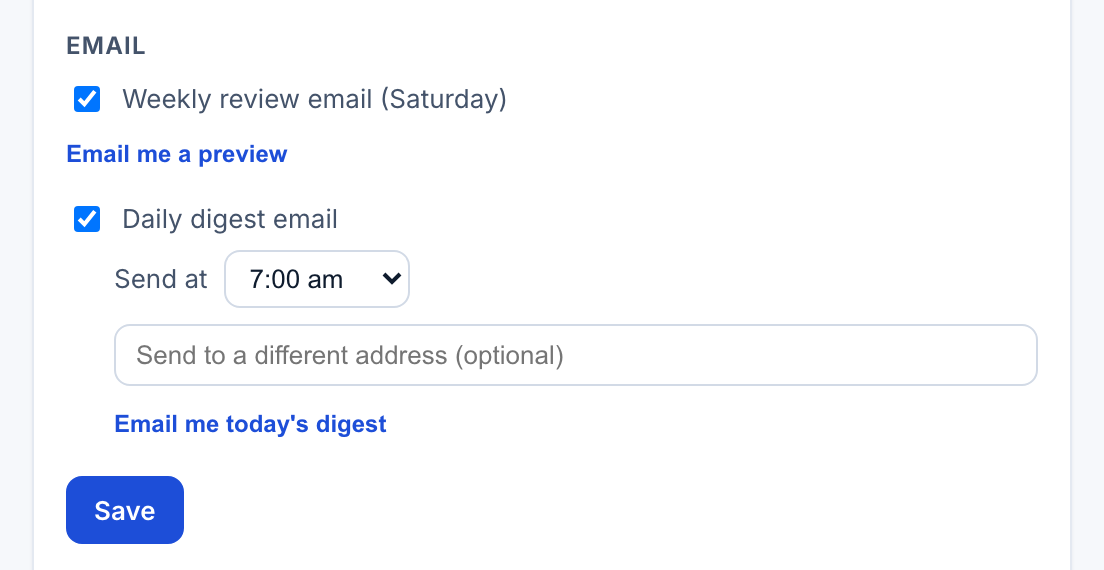 My Settings, Pastoral Assistant card, both checkboxes visible, digest expanded showing the hour picker