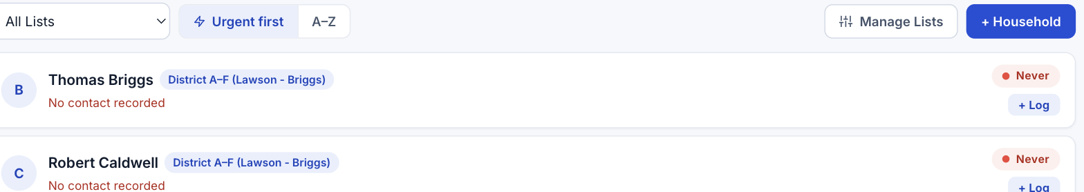 A household row on the People page with the + Log button visible