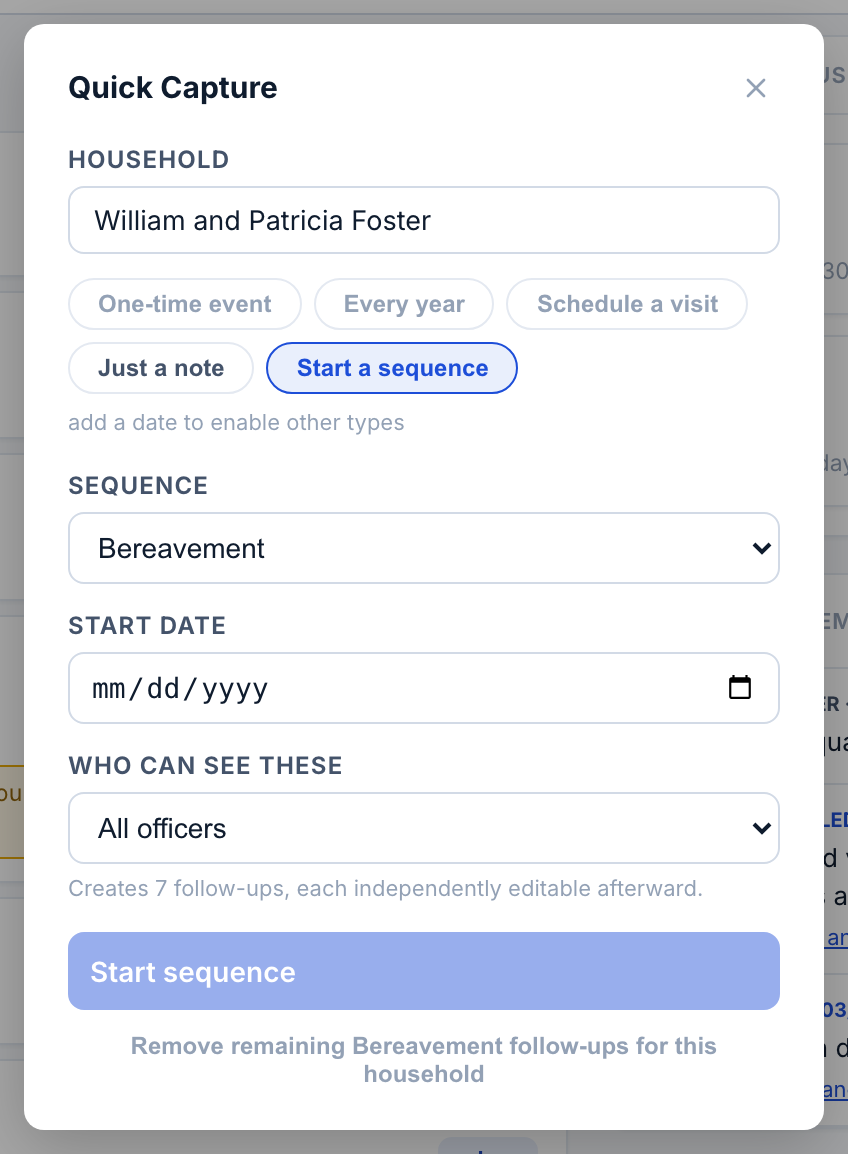 Quick Capture, Start a sequence chosen, sequence dropdown open showing the five presets