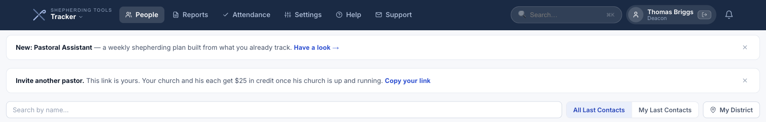 The top of the People page in Shepherding Tracker, showing a line reading “Invite another pastor. This link is yours. Your church and his each get $25 in credit once his church is up and running.” with a Copy your link button.